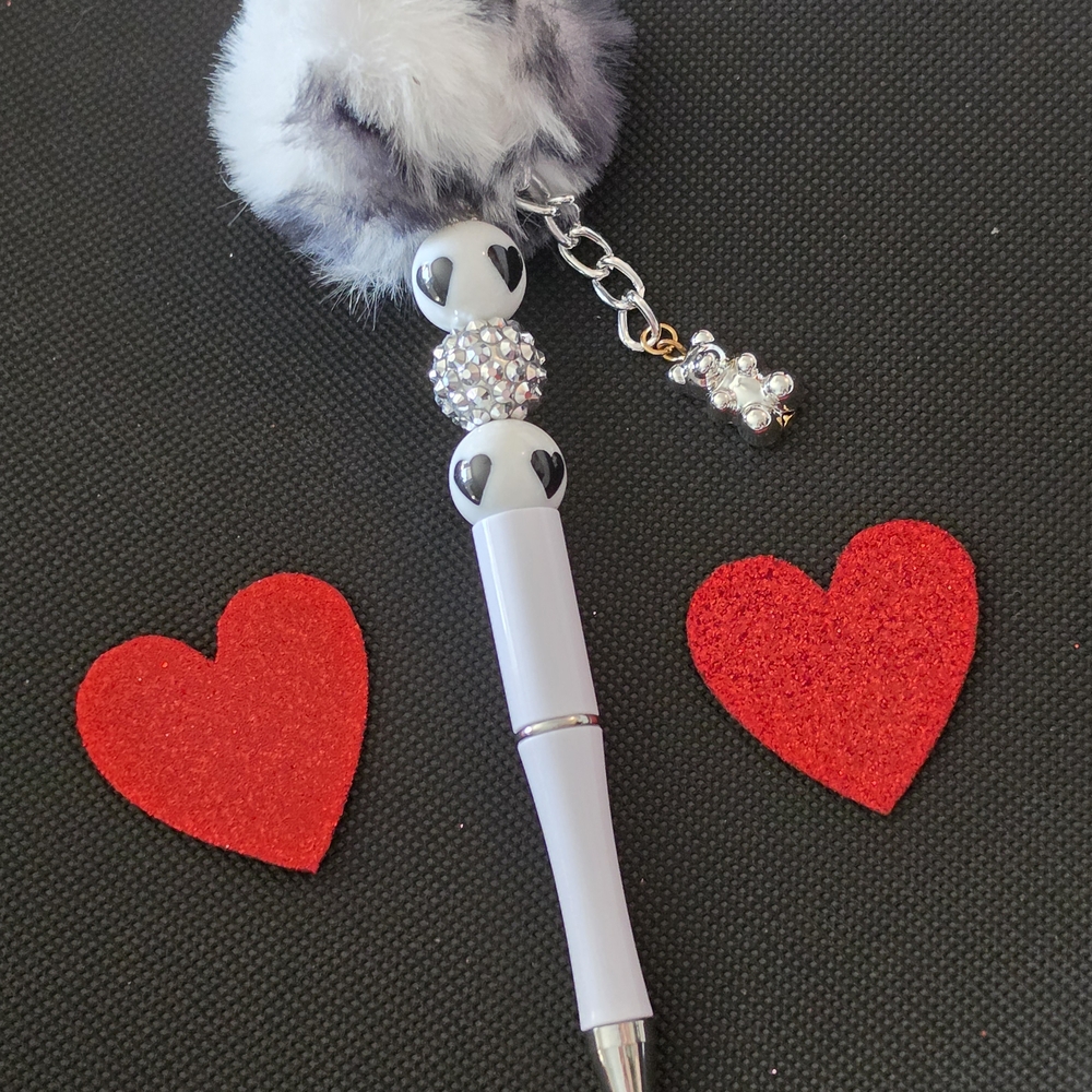 White and Silver Pom Pom Pen with Charm